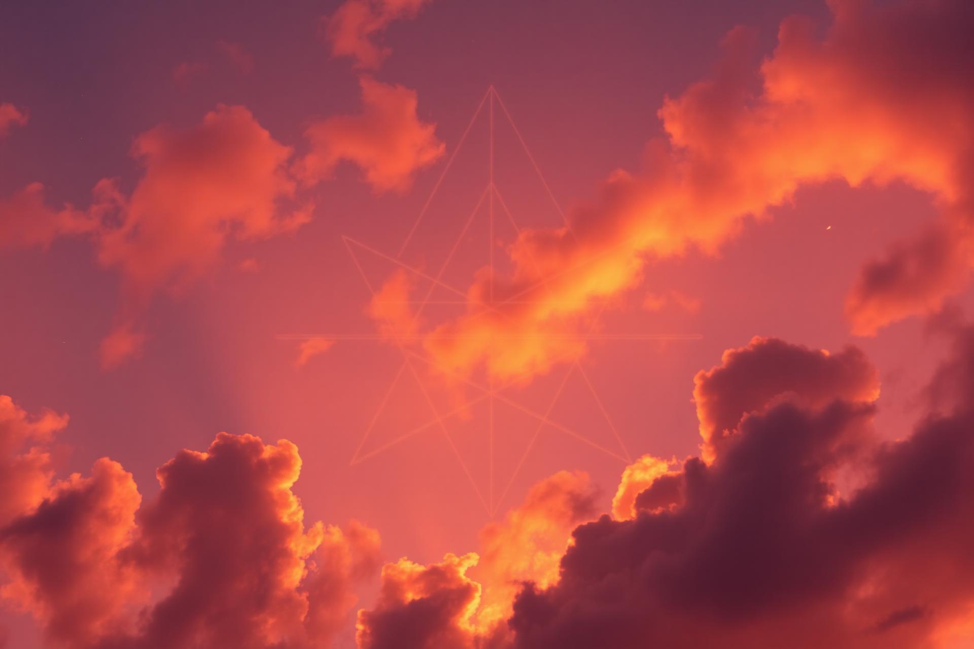 Sacred geometry over a golden sunset sky