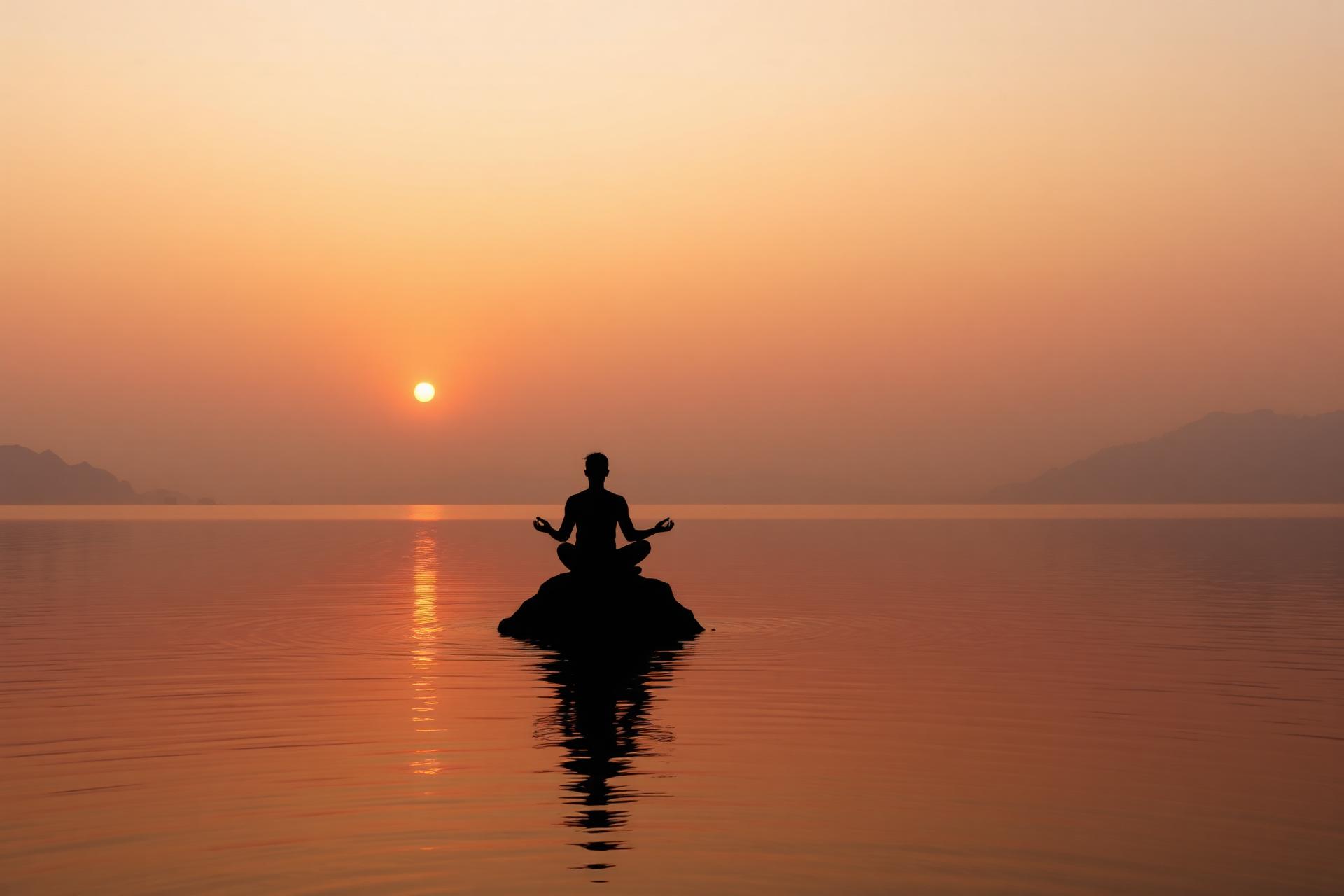 Silhouette meditating by calm water at sunset