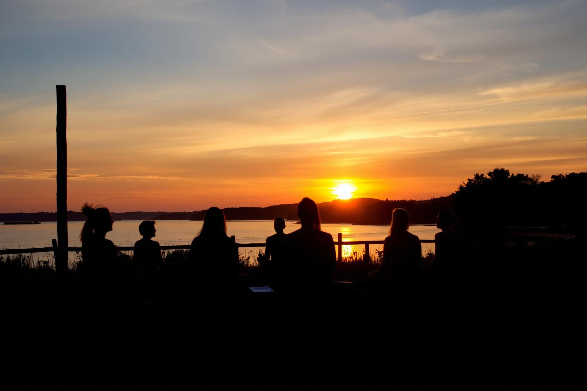 Group of people meditating together at sunset by calm water