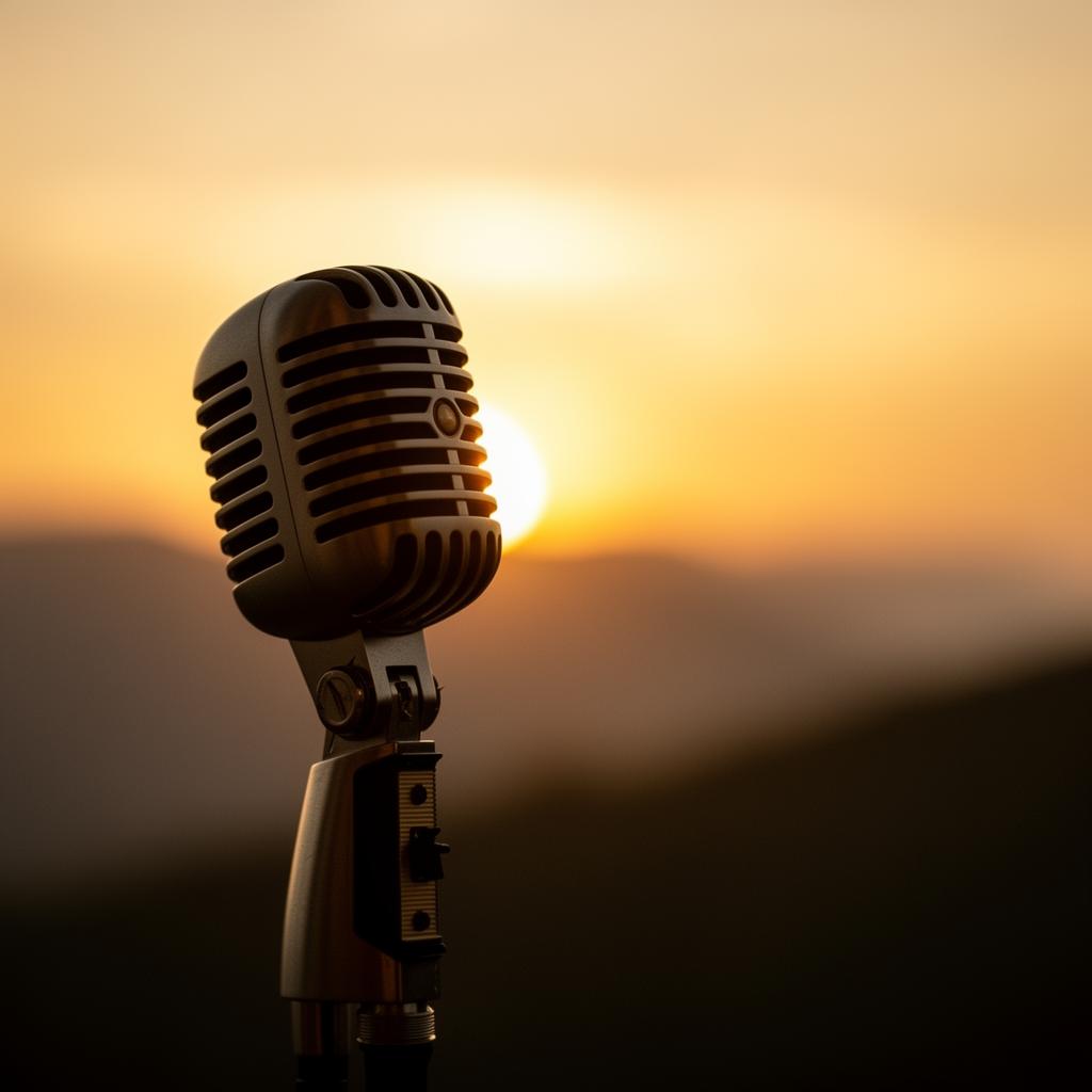 Vintage microphone at sunset